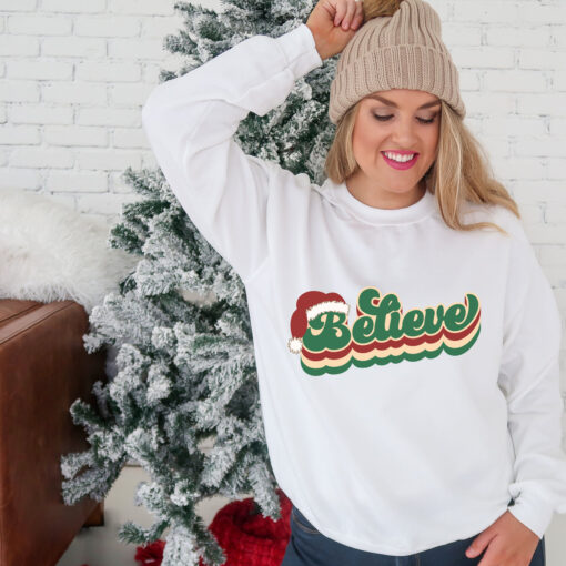 vintage christmas sweatshirt for women with believe and merry bright design comfortable crewneck style for holiday wear rwgmt scaled