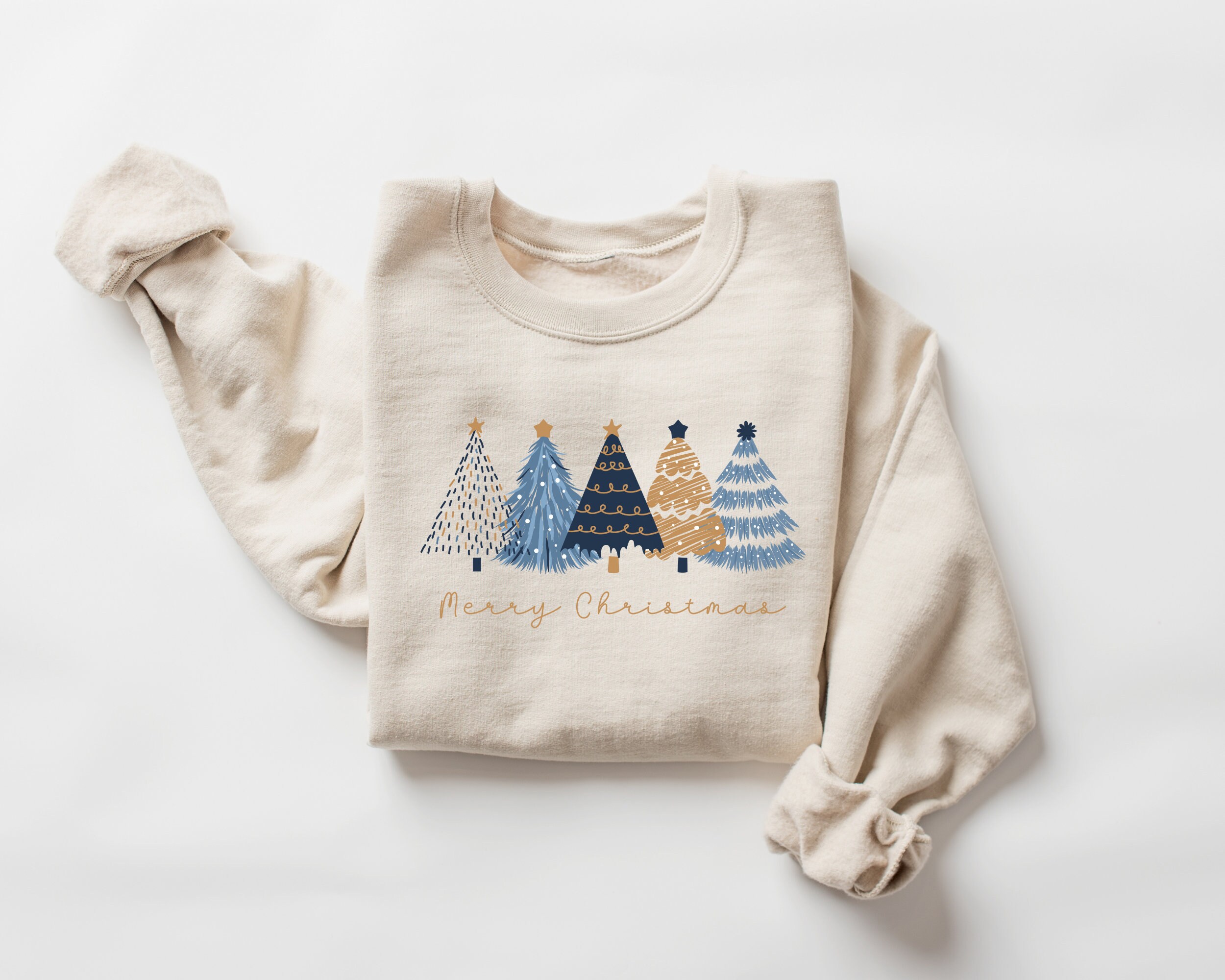 vintage christmas sweatshirt for women with blue christmas trees design comfortable crewneck for holiday outfits and work wear