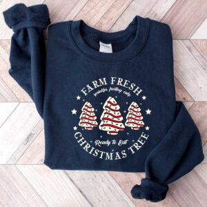 vintage christmas sweatshirt for women with farm fresh christmas tree design and cake graphic on comfortable crewneck style tlrjd scaled