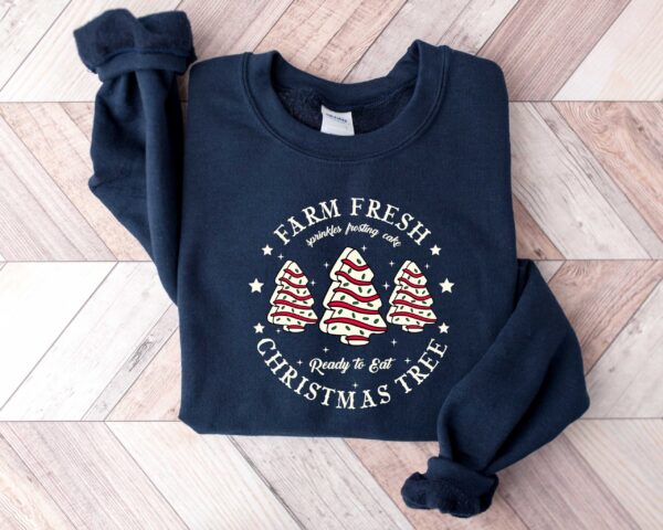 vintage christmas sweatshirt for women with farm fresh christmas tree design and cake graphic on comfortable crewneck style tlrjd scaled