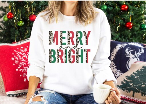 vintage christmas sweatshirt for women with leopard print design and marry and bright theme lin9z