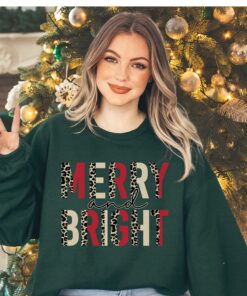 vintage christmas sweatshirt for women with leopard print design and marry and bright theme po0rt