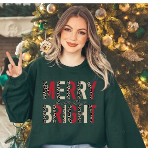 vintage christmas sweatshirt for women with leopard print design and marry and bright theme po0rt