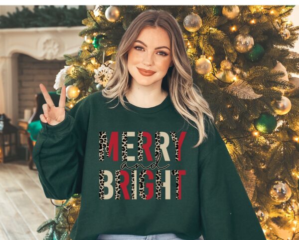 vintage christmas sweatshirt for women with leopard print design and marry and bright theme po0rt