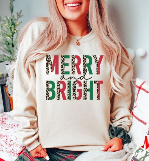 vintage christmas sweatshirt for women with leopard print design and marry and bright theme swqhv