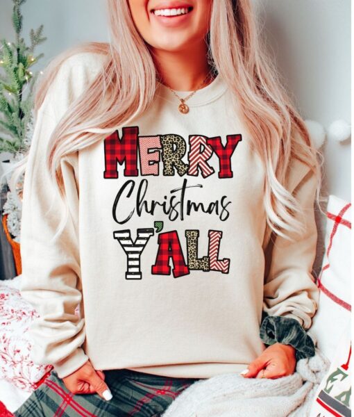 vintage christmas sweatshirt for women with leopard print design and merry christmas yall graphic cute holiday pullover top