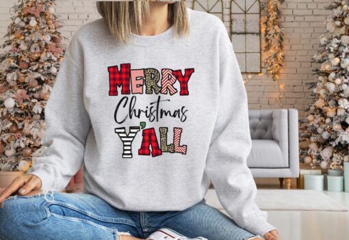 vintage christmas sweatshirt for women with leopard print design and merry christmas yall graphic cute holiday pullover top cm5qw