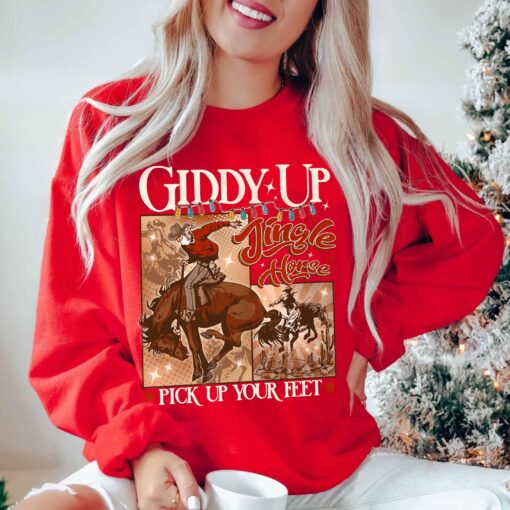 vintage christmas sweatshirt giddy up jingle horse design country style hoodie for cowgirls and cowboys