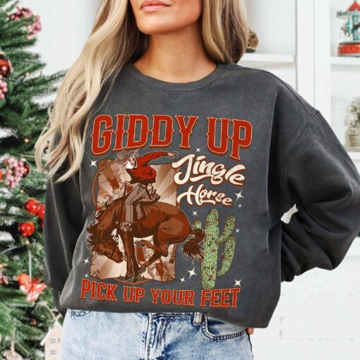 vintage christmas sweatshirt giddy up jingle horse design country style hoodie for cowgirls and cowboys lt6r7