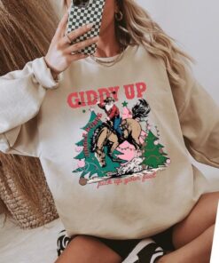 vintage christmas sweatshirt giddy up jingle horse western cowboy santa graphic holiday apparel for cowgirls fkcek