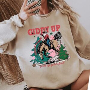 vintage christmas sweatshirt giddy up jingle horse western cowboy santa graphic holiday apparel for cowgirls fkcek