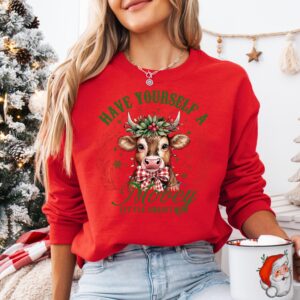 vintage christmas sweatshirt have yourself a mooey little christmas country hoodie for cow lovers with fun farm life design owr01