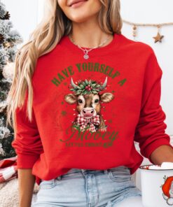 vintage christmas sweatshirt have yourself a mooey little christmas country hoodie for cow lovers with fun farm life design owr01 scaled