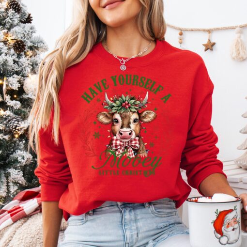 vintage christmas sweatshirt have yourself a mooey little christmas country hoodie for cow lovers with fun farm life design owr01 scaled