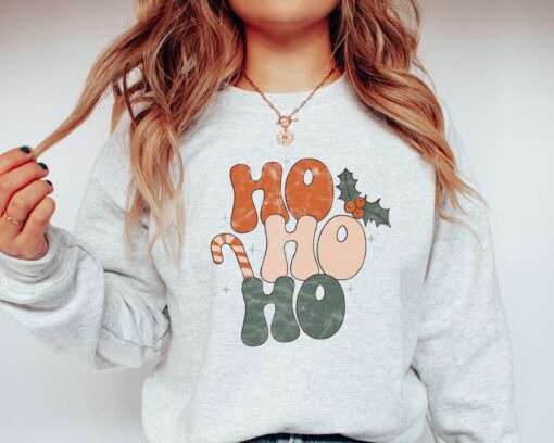 vintage christmas sweatshirt ho ho ho retro design 70s style long sleeve comfortable womens apparel for holiday celebrations