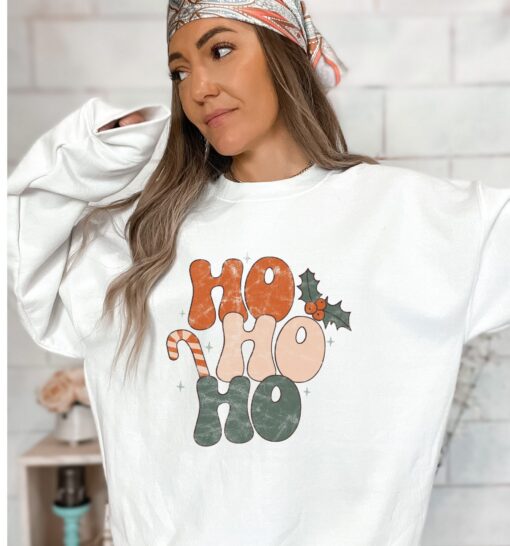 vintage christmas sweatshirt ho ho ho retro design 70s style long sleeve comfortable womens apparel for holiday celebrations