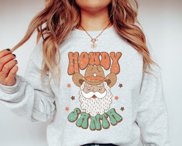 vintage christmas sweatshirt howdy santa design western style funny country cowboy tee for festive holiday wear