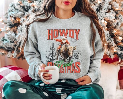 vintage christmas sweatshirt howdy yall sweater western cowgirl design retro santa graphic for country holiday style