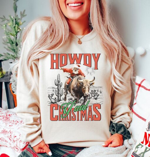 vintage christmas sweatshirt howdy yall sweater western cowgirl design retro santa graphic for country holiday style