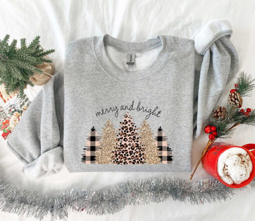 vintage christmas sweatshirt merry and bright tree design with leopard pattern for halloween and holiday celebrations jvto9 scaled