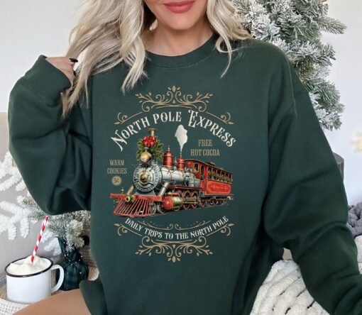 vintage christmas sweatshirt north pole express train design retro style comfortable fit for holiday celebrations otfh1