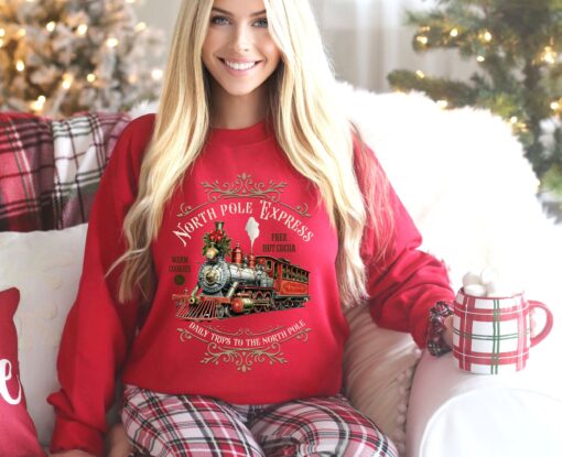 vintage christmas sweatshirt north pole express train design retro style comfortable fit for holiday celebrations