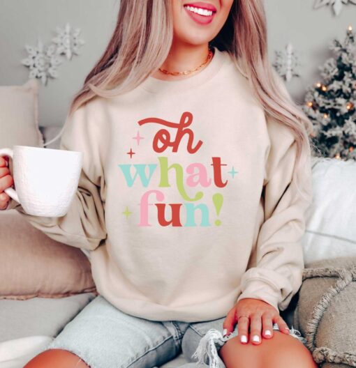 vintage christmas sweatshirt oh what fun design retro style for holiday vibes comfortable fit ideal for christmas celebrations hgsqb