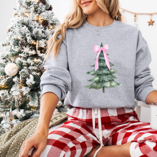 vintage christmas sweatshirt pink bow crewneck with holiday tree design for a girly look k4hkq scaled