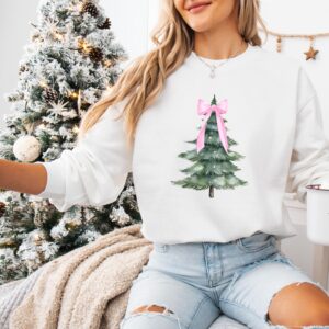 vintage christmas sweatshirt pink bow crewneck with holiday tree design for a girly look siywm