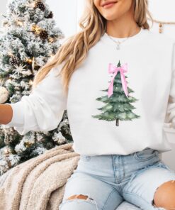 vintage christmas sweatshirt pink bow crewneck with holiday tree design for a girly look siywm scaled