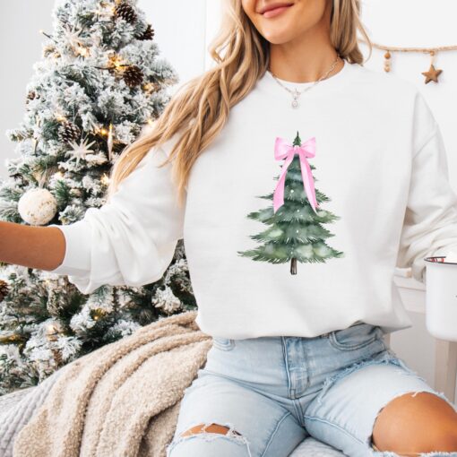 vintage christmas sweatshirt pink bow crewneck with holiday tree design for a girly look siywm scaled