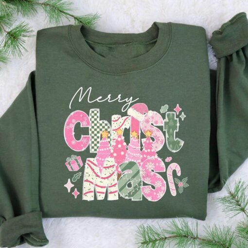 vintage christmas sweatshirt pink merry christmas tree crewneck with santa design for holiday celebrations and festive outfits x9uhe scaled