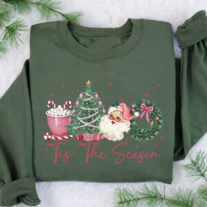 vintage christmas sweatshirt pink santa design with christmas tree and hot chocolate theme for a festive look ljp83