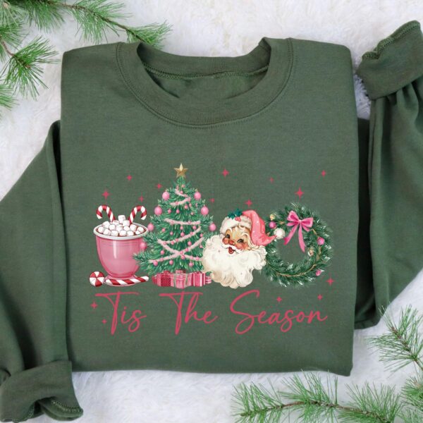 vintage christmas sweatshirt pink santa design with christmas tree and hot chocolate theme for a festive look ljp83 scaled