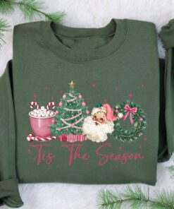 vintage christmas sweatshirt pink santa design with christmas tree and hot chocolate theme for a festive look ljp83 scaled