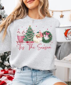 vintage christmas sweatshirt pink santa design with christmas tree and hot chocolate theme for a festive look rlsjj scaled