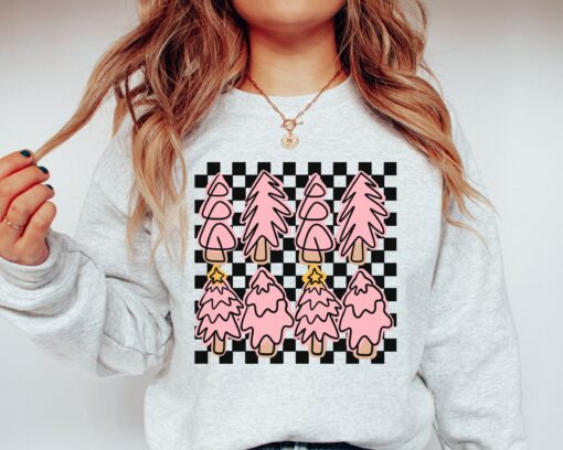 vintage christmas sweatshirt pink trees crewneck retro checkered design comfortable and stylish for holiday celebrations onjek