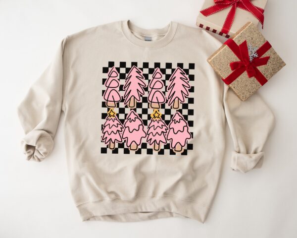 vintage christmas sweatshirt pink trees crewneck retro checkered design comfortable and stylish for holiday celebrations