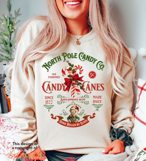 vintage christmas sweatshirt retro candy cane design north pole theme comfortable fit long sleeve apparel