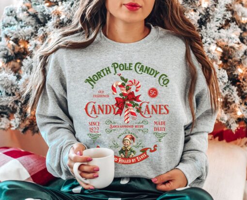 vintage christmas sweatshirt retro candy cane design north pole theme comfortable fit long sleeve apparel