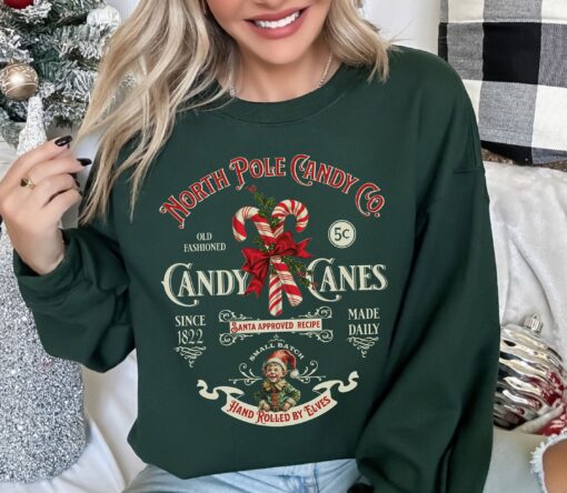 vintage christmas sweatshirt retro candy cane design north pole theme comfortable fit long sleeve apparel preim