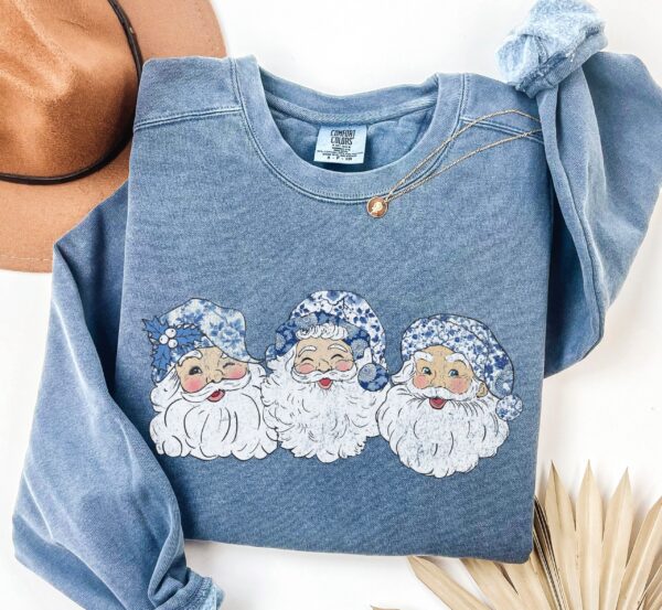 vintage christmas sweatshirt retro santa design blue toile coquette style holiday apparel for women c2c5g scaled