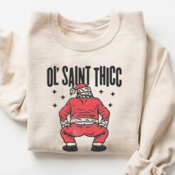 Vintage Christmas Sweatshirt Retro Santa Design Funny Ol Saint Thicc Womens Holiday Apparel Trendy Comfortable Style