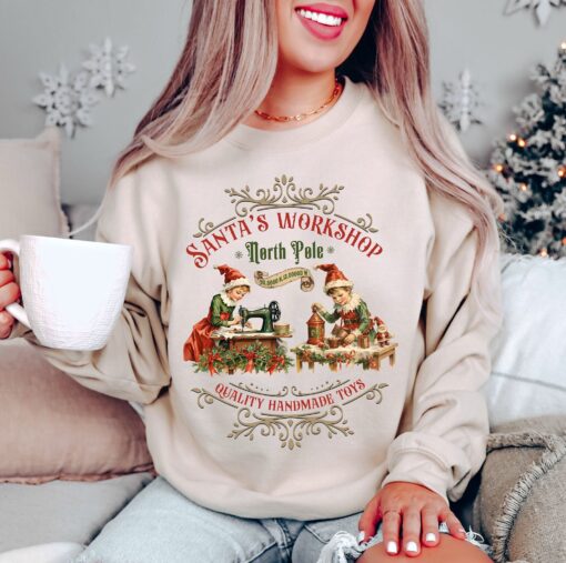 vintage christmas sweatshirt santa workshop design retro style nostalgic christmas shirt for holiday celebrations and festive gatherings loigg