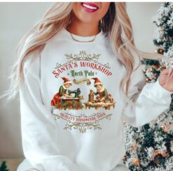 vintage christmas sweatshirt santa workshop design retro style nostalgic christmas shirt for holiday celebrations and festive gatherings xrbxl