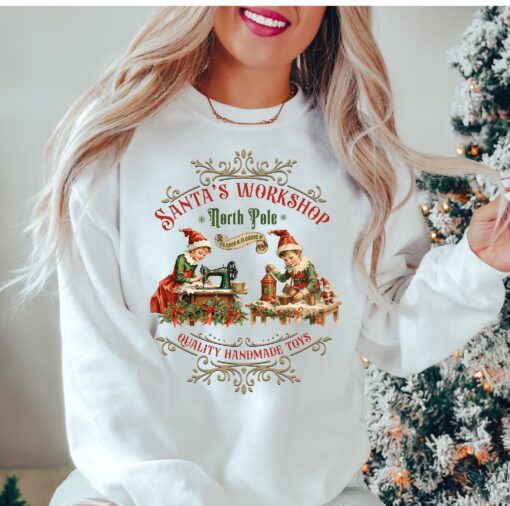vintage christmas sweatshirt santa workshop design retro style nostalgic christmas shirt for holiday celebrations and festive gatherings