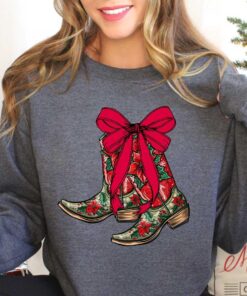 vintage christmas sweatshirt with boot scootin design for western style cowgirl apparel onpfk