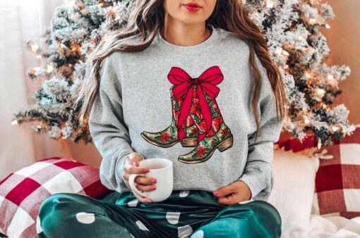 vintage christmas sweatshirt with boot scootin design for western style cowgirl apparel