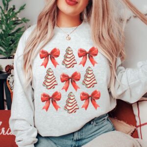 vintage christmas sweatshirt with bow design and christmas tree cake graphic for trendy holiday apparel auhc2