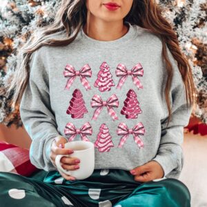 vintage christmas sweatshirt with bow design and pink christmas tree cake print trendy girly style for holiday celebrations 4k3jl